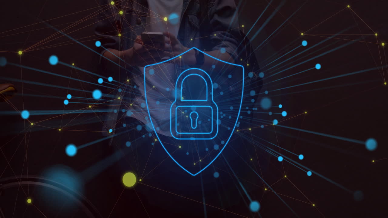Man holding smartphone showcasing cybersecurity with glowing neon padlock shield and network nodes