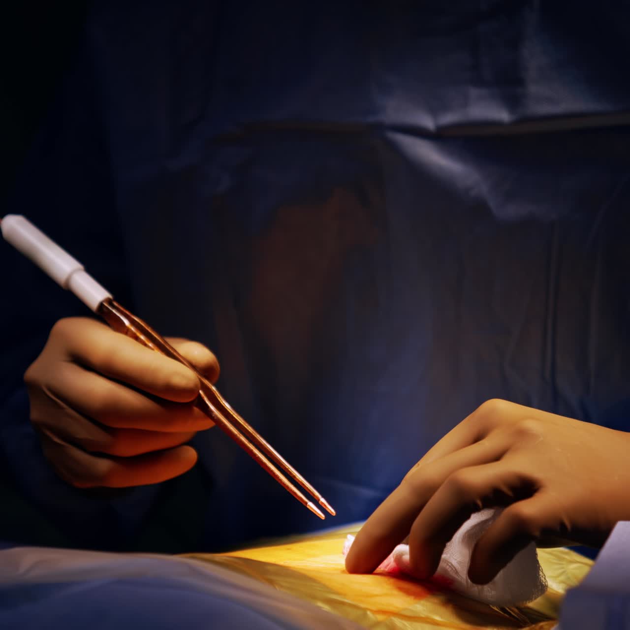 Un chirurgo con guanti in lattice marrone utilizza un dispositivo elettrico durante un intervento di neurochirurgia. Primo piano. Il dottore utilizza una spugna per pulire l'incisione. Primo piano