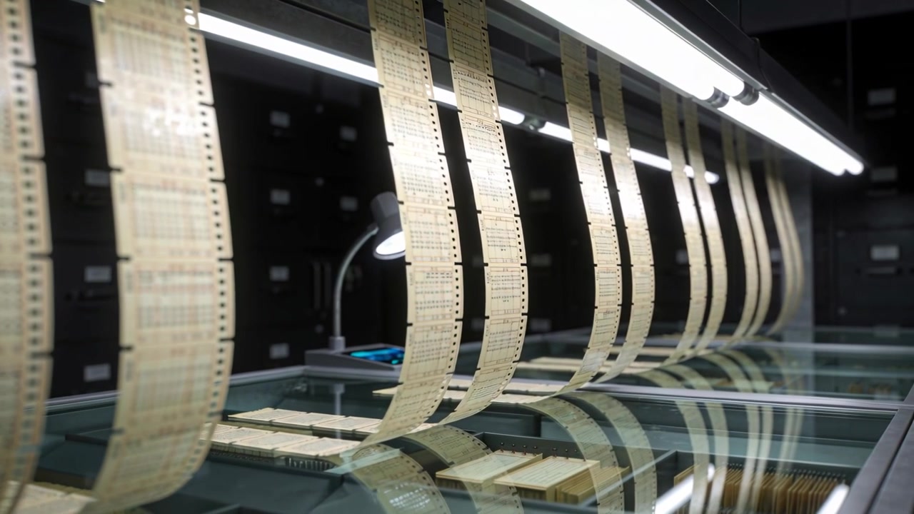 Swaying due to draft punched tape strips shifting patterns on glass table in archive