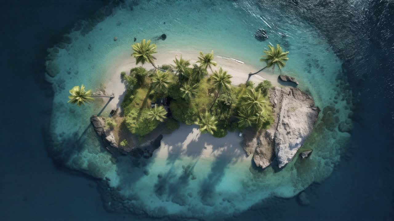 Aerial video shot of a small tropical island with lush palm trees and clear turquoise waters