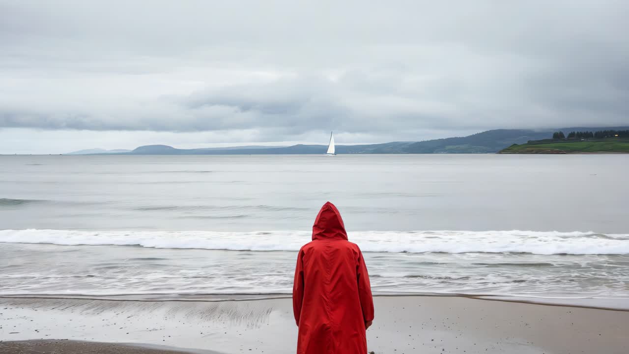 Solitary woman wearing vibrant red raincoat standing on sandy beach, gazing at distant sailboat against cloudy gray horizon, embodying contemplative mood and sense of tranquil solitude