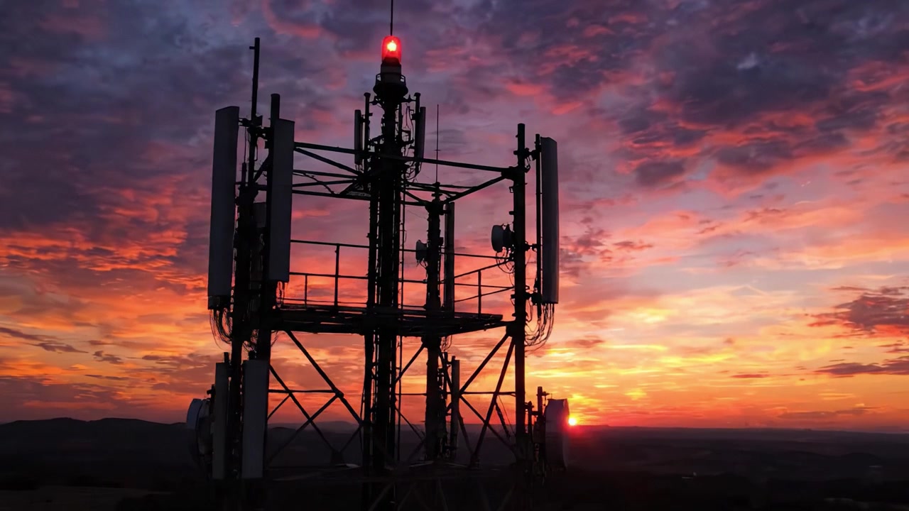 Et tårn i silhuet mod en levende solnedgang: Fanger skønheden ved en telestruktur omgivet af farverig himmel