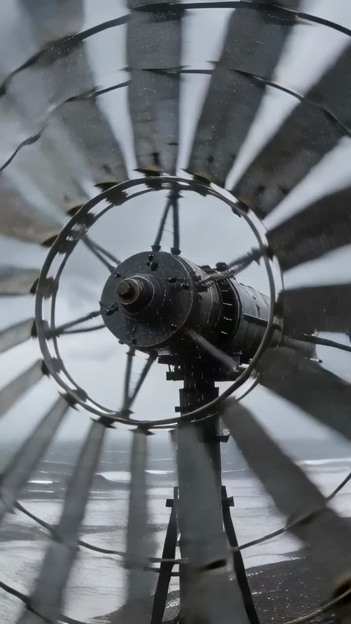 Vidéo verticale: Moyeu de rotor métallique en rotation avec anneau et boîte de vitesses tournant avec le vent près des vagues, embruns