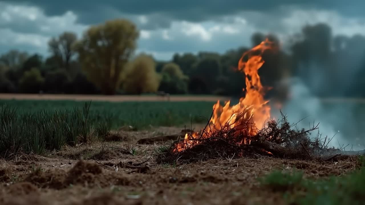 A bonfire in the middle of a field with a cloudy sky in the background
