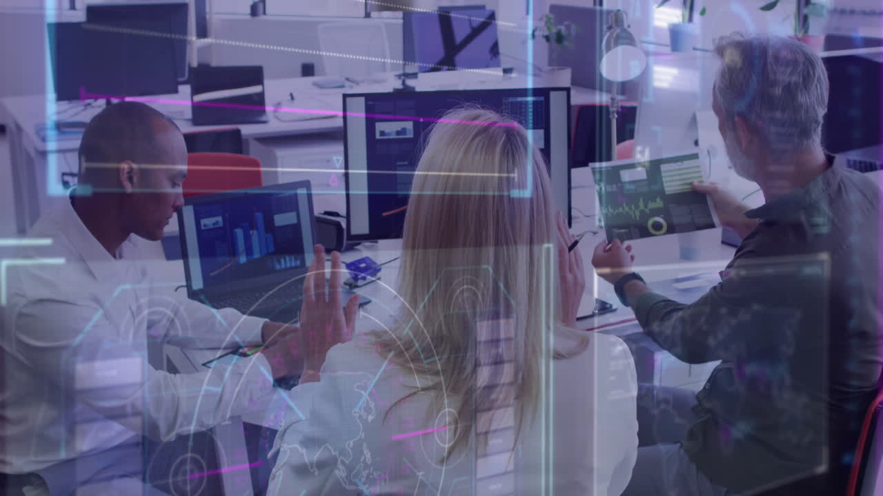 Animation of data processing over diverse business people working in office