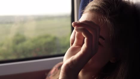 atractiva, chica joven está sonriendo a la cámara. viajando en tren. naturaleza verde fuera de la ventana. la chica mira pensativo por la ventana. cerrar