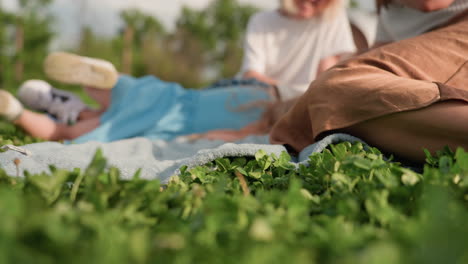 lower view of family sitting on picnic mat in green field, children and parents relaxing, blanket edges visible, sunlit summer day, casual bonding, close ground perspective