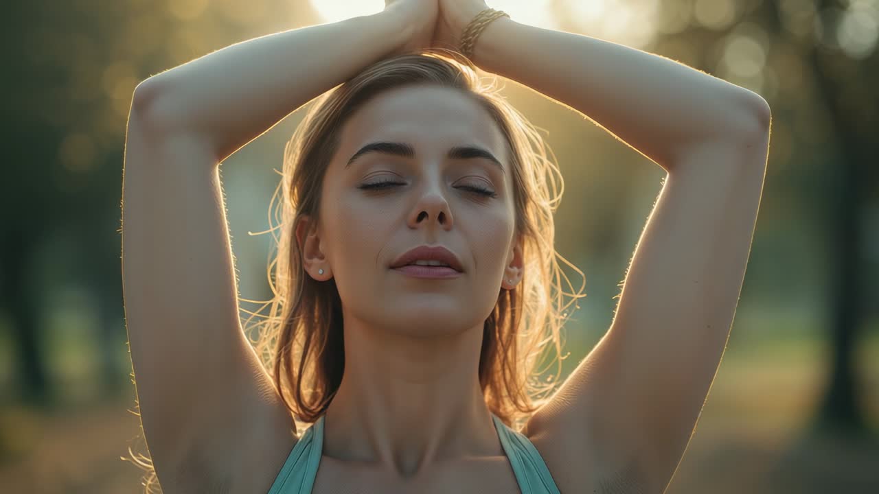 Sunlight filtering through trees inspiring woman in teal top holding stretch and breathing in park