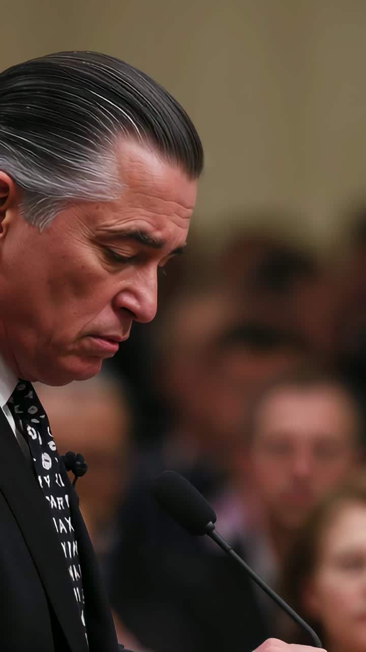 Vertical video: Answering query, senior at podium in suit speaking into mic at hearing, copy space