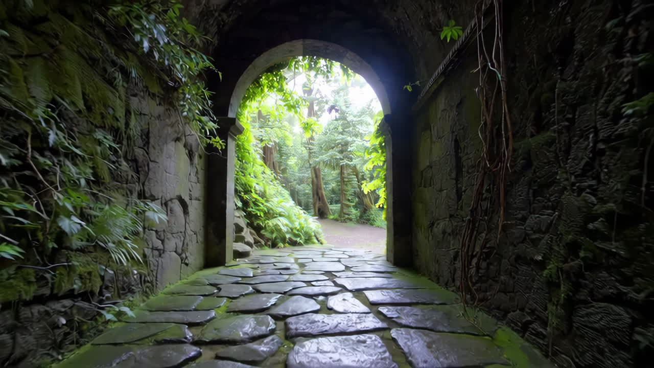 Moss-Covered Stone Tunnel Leading to a Lush Forest Path
