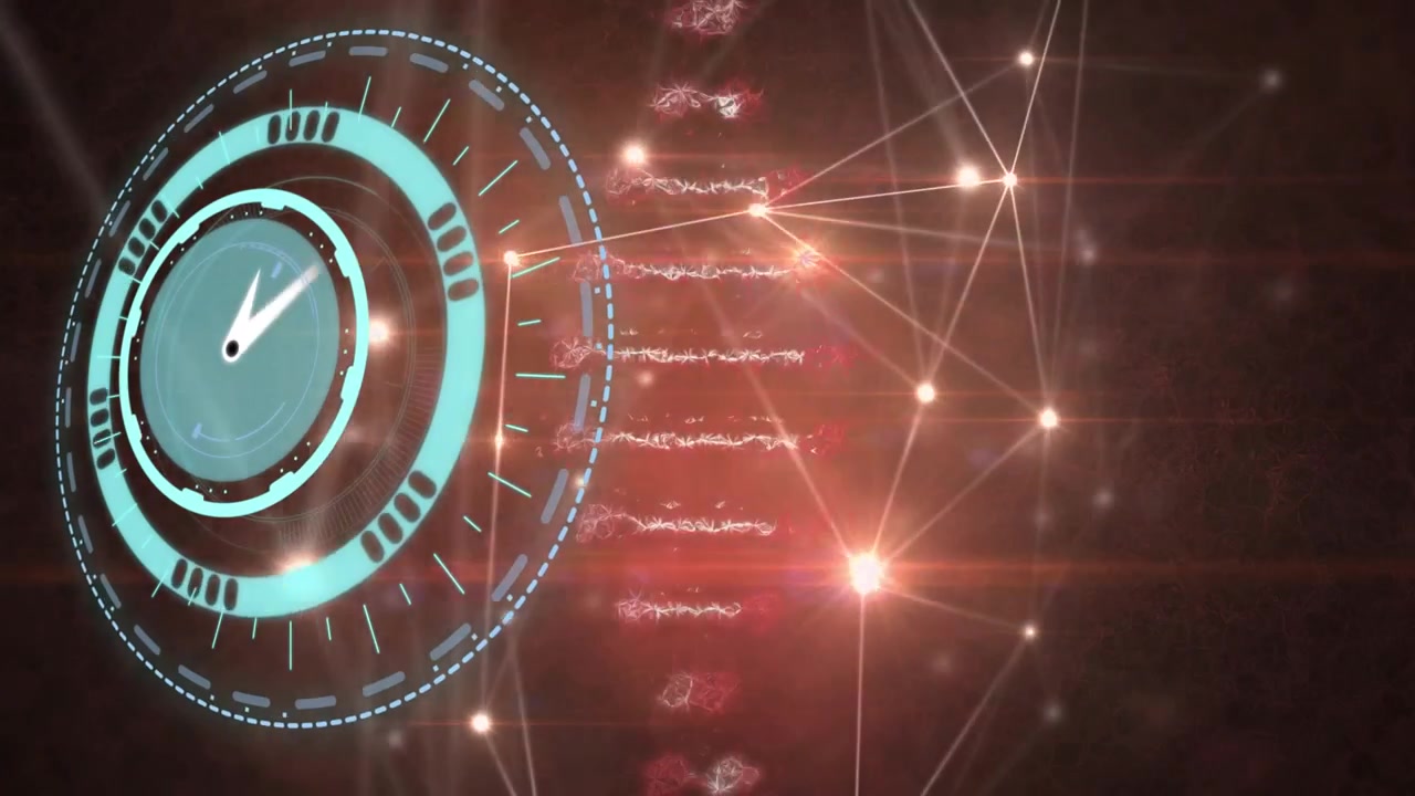 Animazione di un orologio in movimento su una catena di DNA e uno spazio marrone illuminato.
