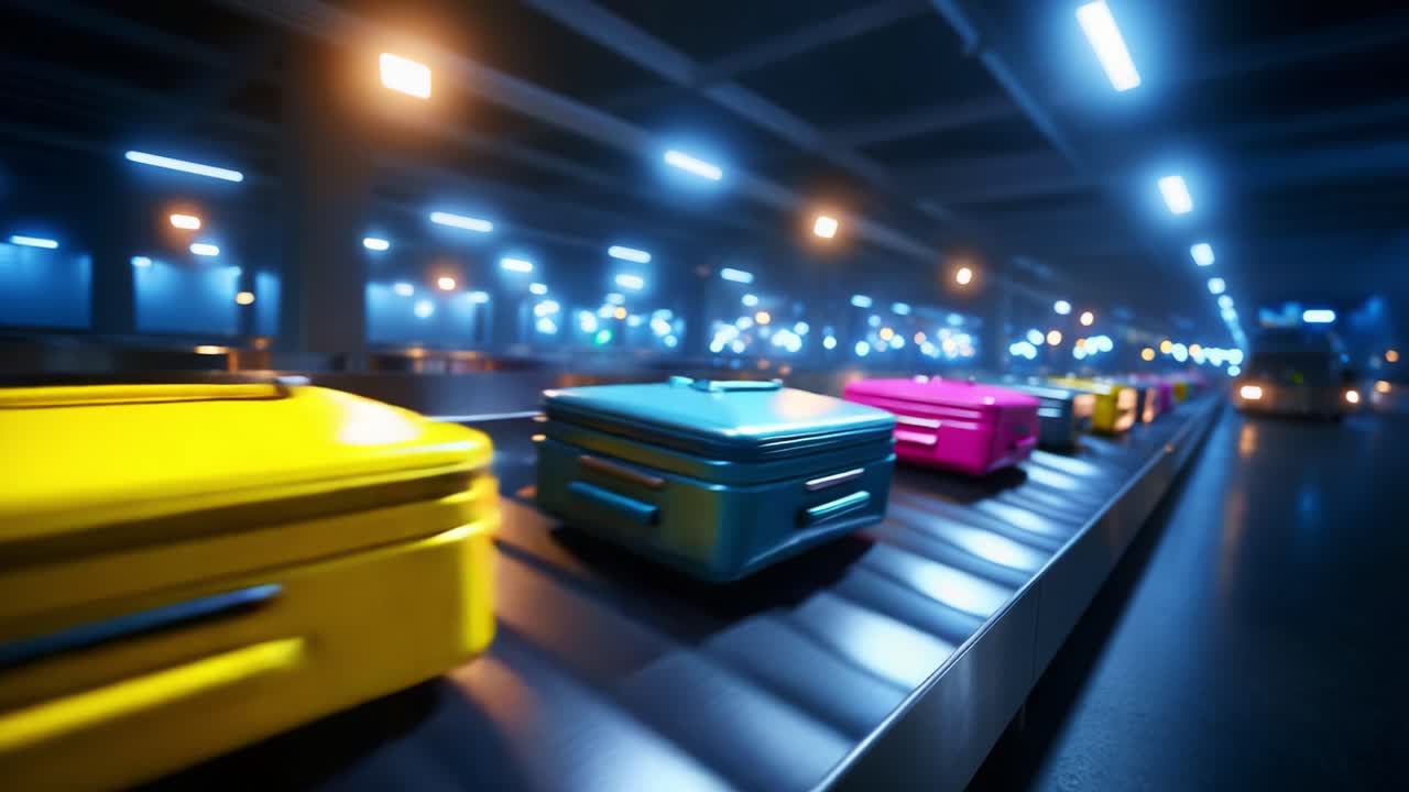 A Vibrant Display of Colorful Luggage Moving Along an Airport Baggage Carousel, Showcasing a Stream of Suitcases in Various Bright Hues Under Soft Ambient Lighting in a Spacious Terminal