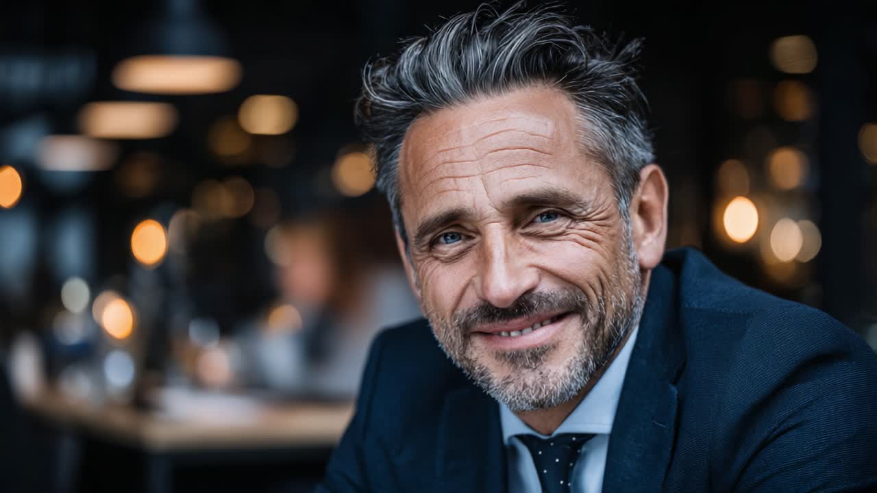 A Confident and Charismatic Business Professional Smiling in a Modern, Warmly Lit Office Environment Captured in a Series of Engaging Frames