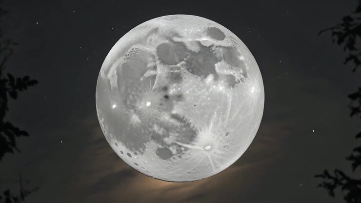 Lua cheia descendo em direção ao horizonte, nuvens se aproximando e formando um halo laranja sobre árvores e estrelas.