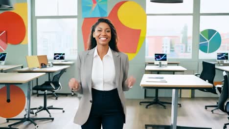 mujer de negocios feliz celebrando el éxito en la oficina