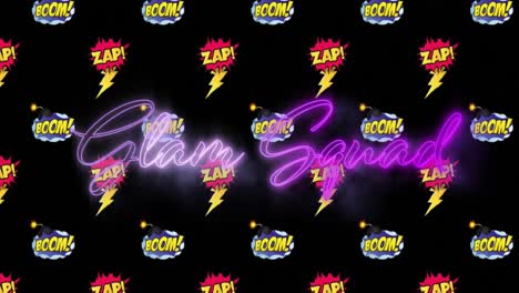 animation of glam squad text in purple neon over zap and boom icons repeated on black background