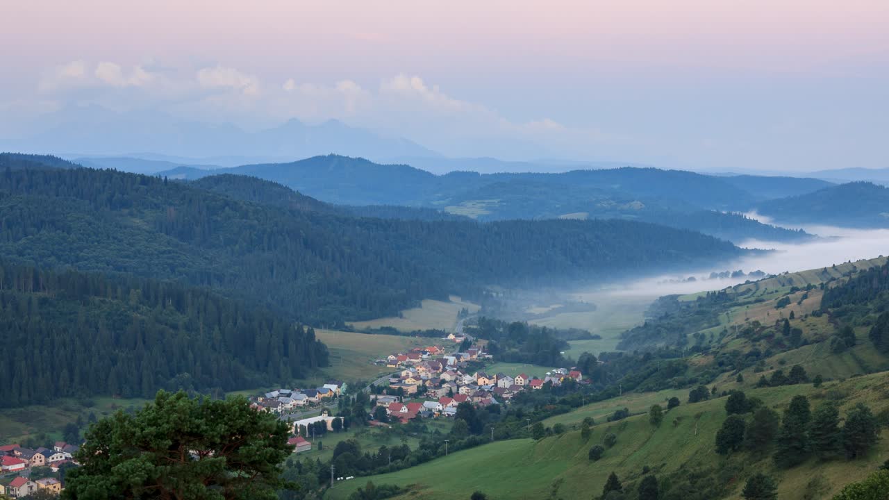 Sunrise over a small town in Slovakia under the Tatras seen from Pieniny.