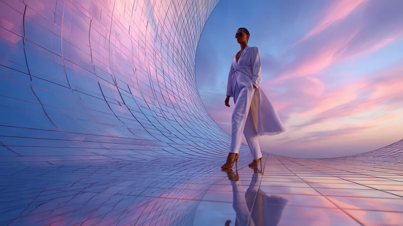 A Serene Journey Through a Reflective Landscape at Dusk: A Model Walking Gracefully in a Flowing White Outfit Against a Backdrop of Colorful Skies and Shimmering Surfaces, Embodying Elegance and Tranquility