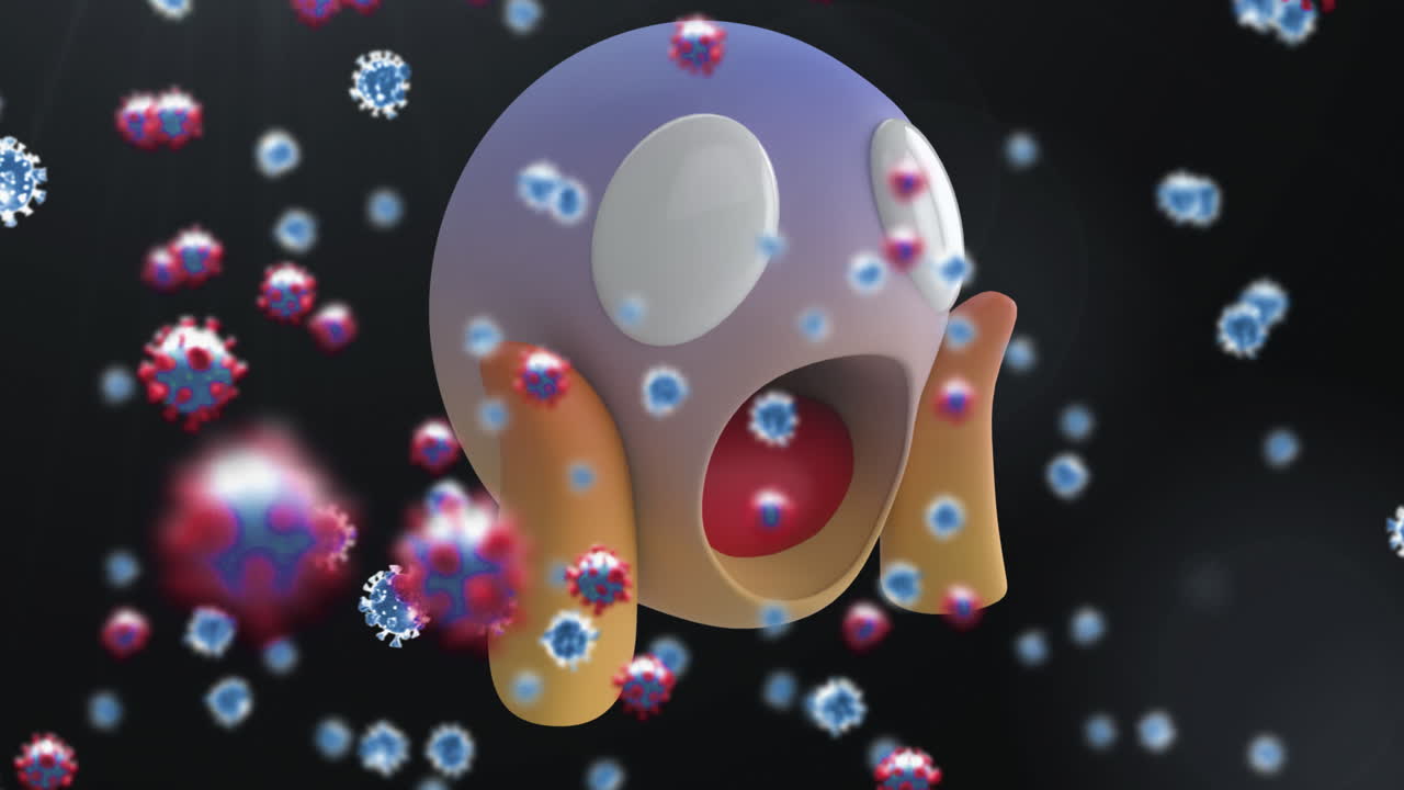 코로나19 세포가 놀란 얼굴 이모티콘에 맞서 움직입니다.
