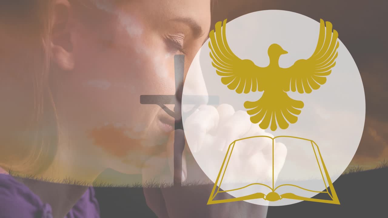 animación del icono de la paloma sobre una mujer caucásica orando y cruzando