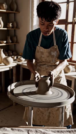 pottery artist shaping clay on wheel
