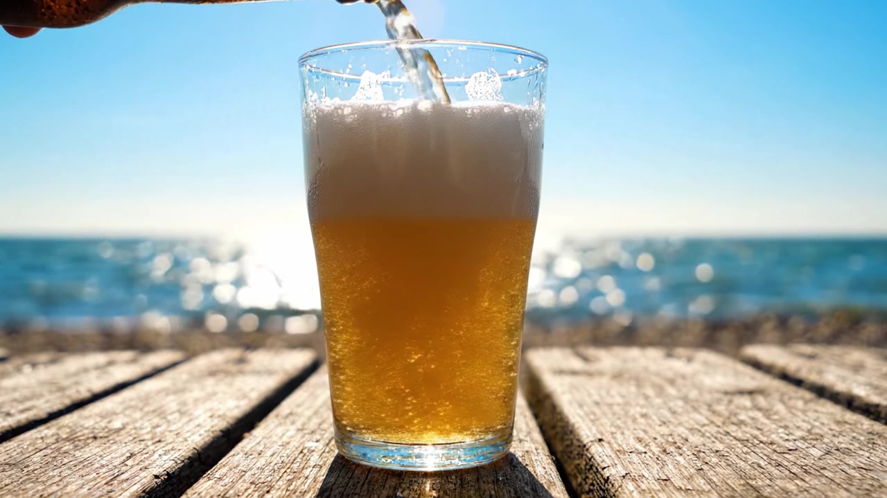Un'esperienza rinfrescante con la birra in riva al mare: catturare l'essenza del relax con una pinta versata alla perfezione su uno sfondo di oceano scintillante.