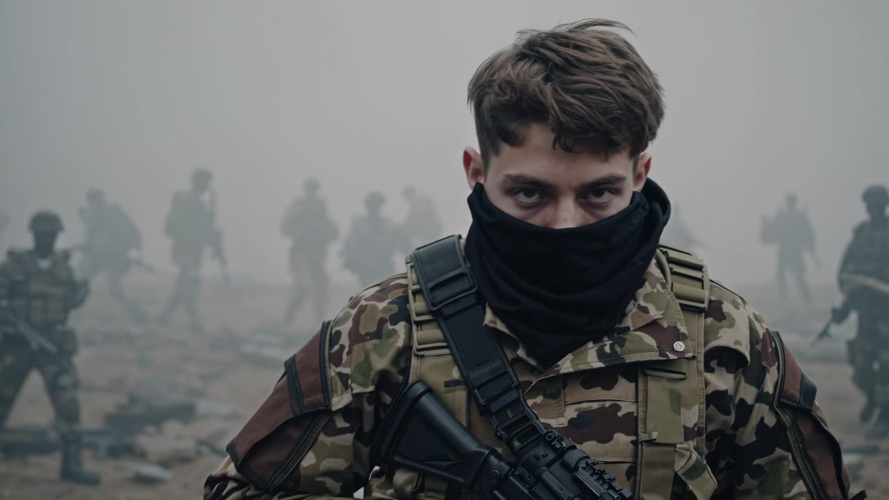 Soldier holding a rifle, wearing camouflage uniform and a black scarf over his face, stands in the foreground, while other soldiers advance in the background on a foggy day