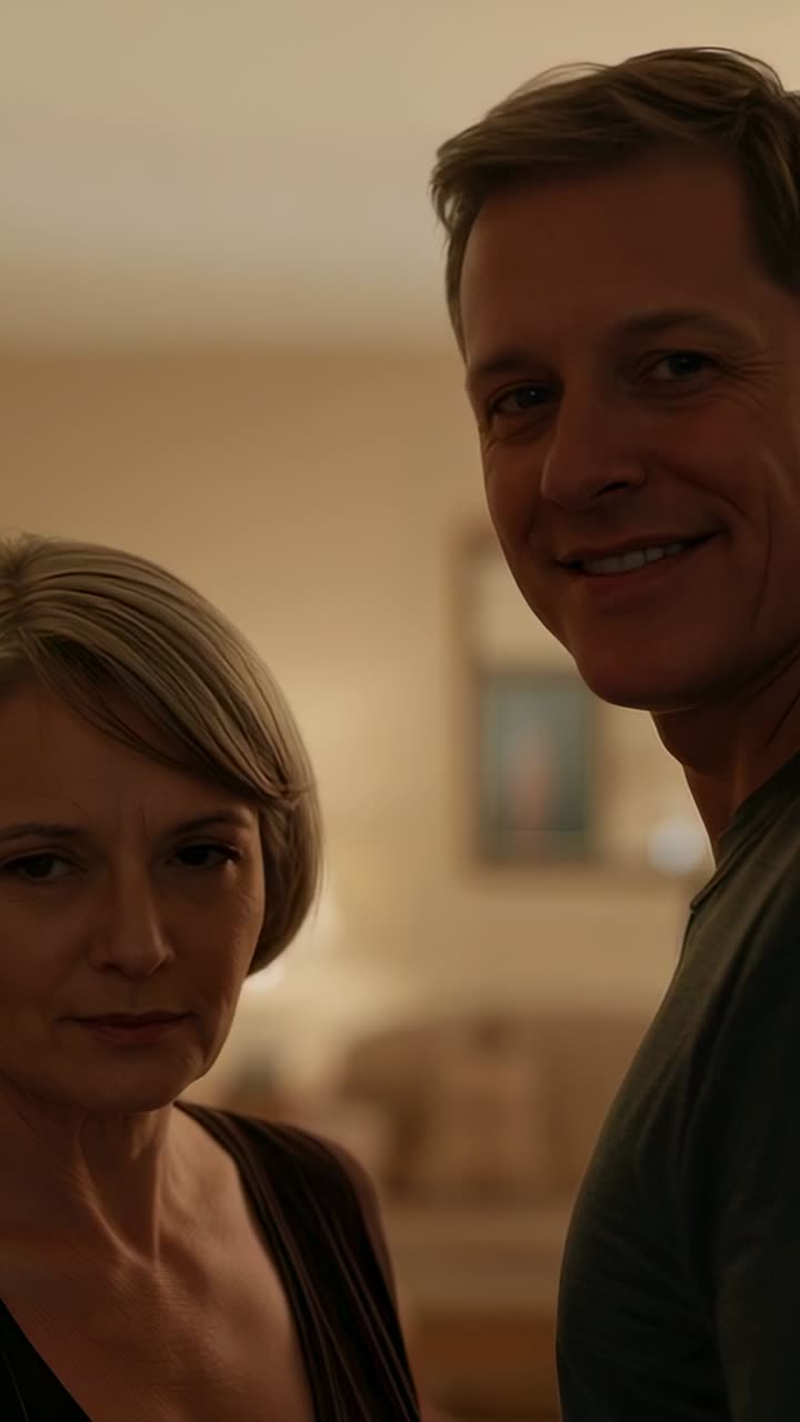Vertical video: Turning to camera, man smiling and noticing camera, woman looking down at home lamp