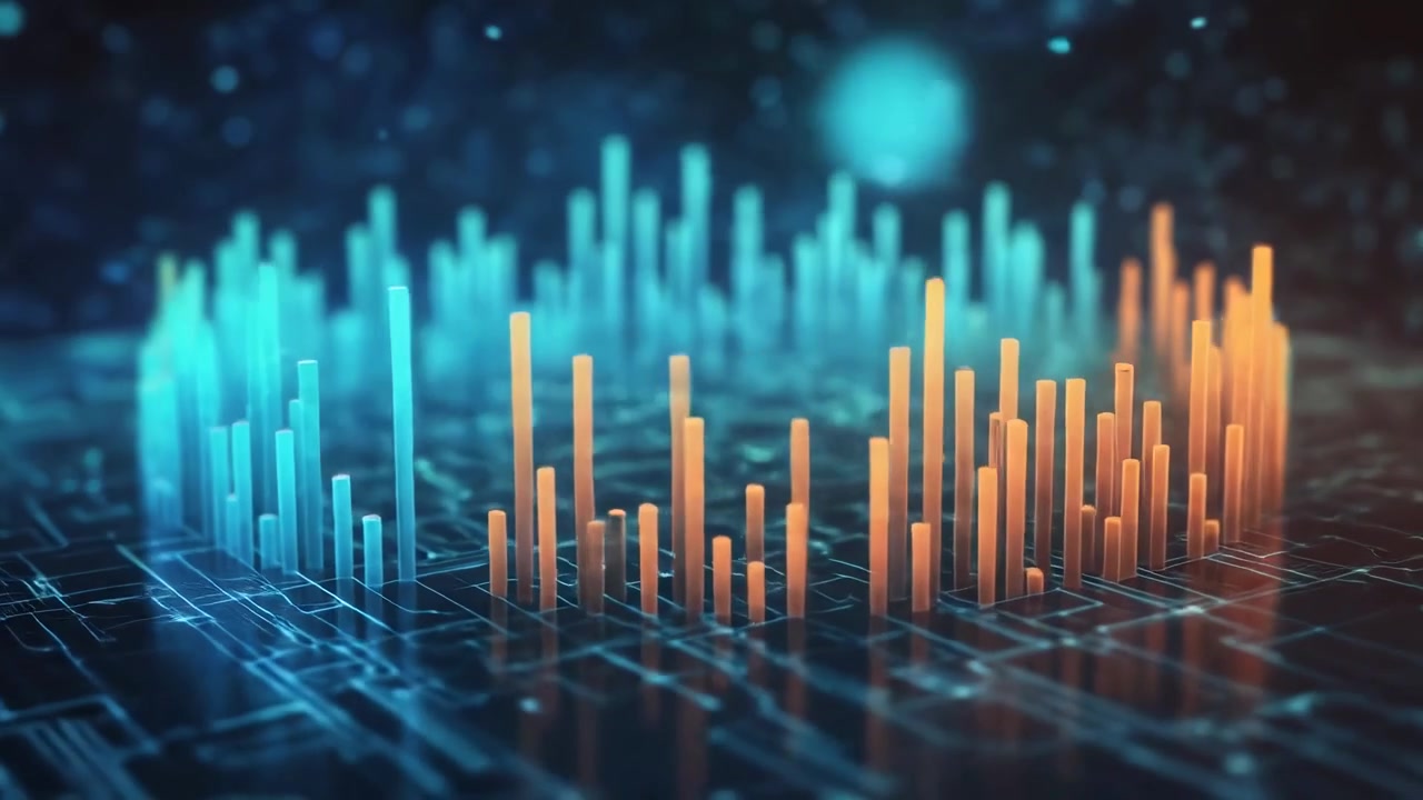 Digital Data Visualization with Glowing Bar Graphs on Circuit Board