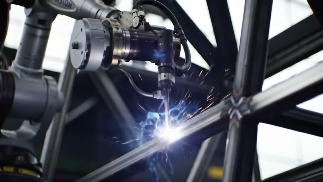 Advanced Robotic Welding Process Captured in Action: Showcasing Precision and Efficiency in Metal Fabrication with Spark Production and Technical Innovation