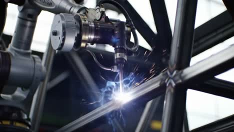 advanced robotic welding process captured in action: showcasing precision and efficiency in metal fabrication with spark production and technical innovation