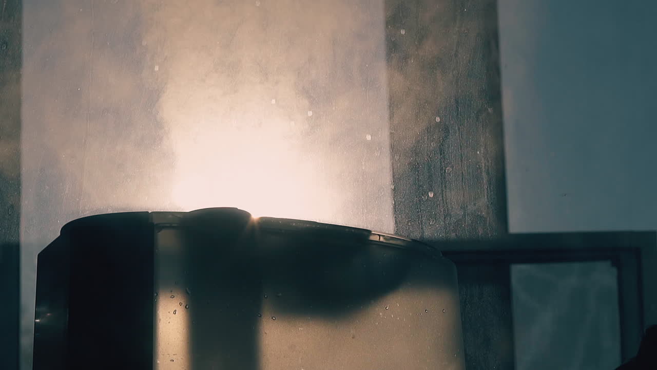 공기 이온화기는 창 근처의 대기를 청소하기 위해 증기를 방출합니다.