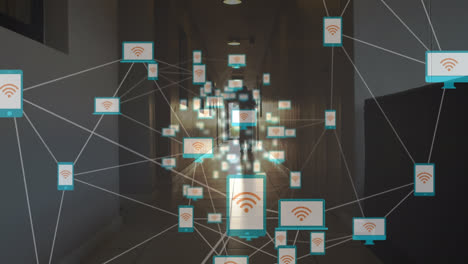 animation of network of connections with icons over caucasian doctor in hospital