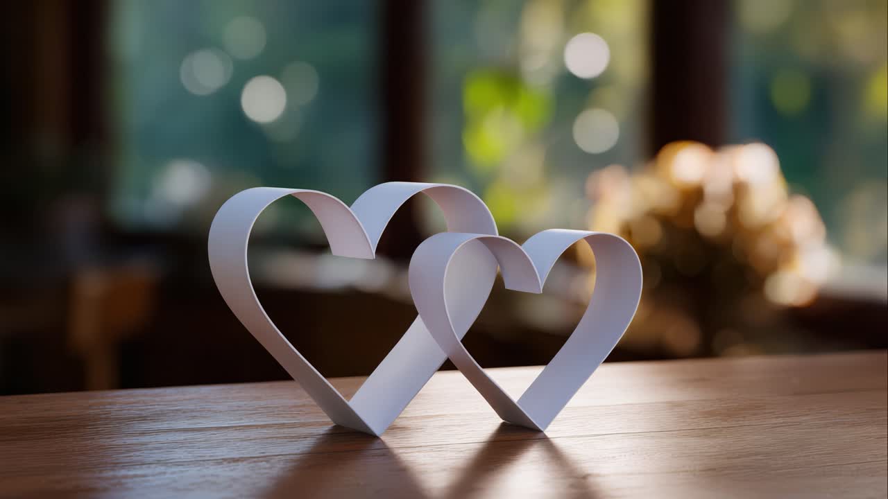 Two Intertwined Paper Hearts Symbolizing Love and Connection Displayed on a Wooden Surface with Soft Background Bokeh Creating a Romantic Atmosphere