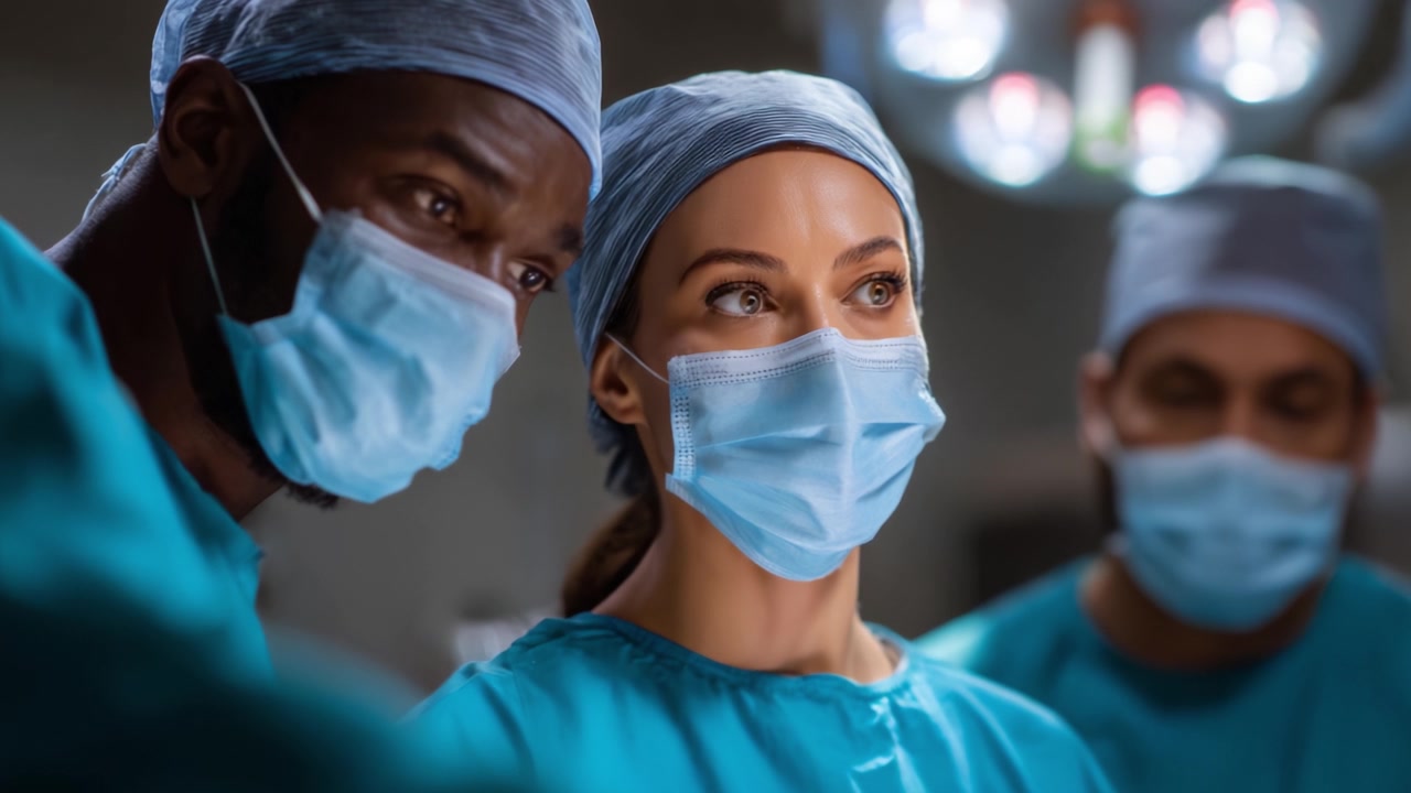 Um grupo de profissionais de saúde focados, com máscaras cirúrgicas e uniformes, envolvidos em um momento crítico de um procedimento, destacando o trabalho em equipe e a dedicação na área da saúde.