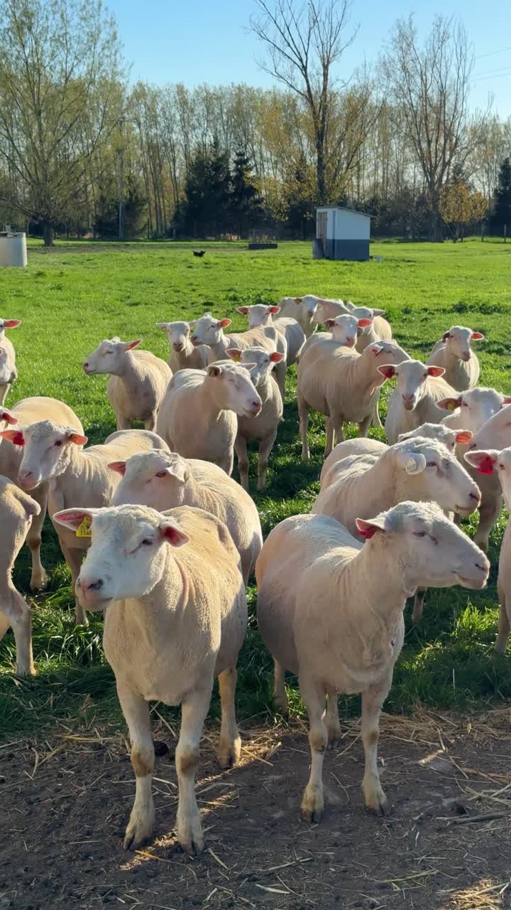 Gregge di pecore che stanno insieme in un pascolo verde e soleggiato, mostrando animali da fattoria in un ambiente rurale di campagna durante il giorno. Filmato verticale di pecore in Ungheria, Europa. Campo verde, pecore confuse