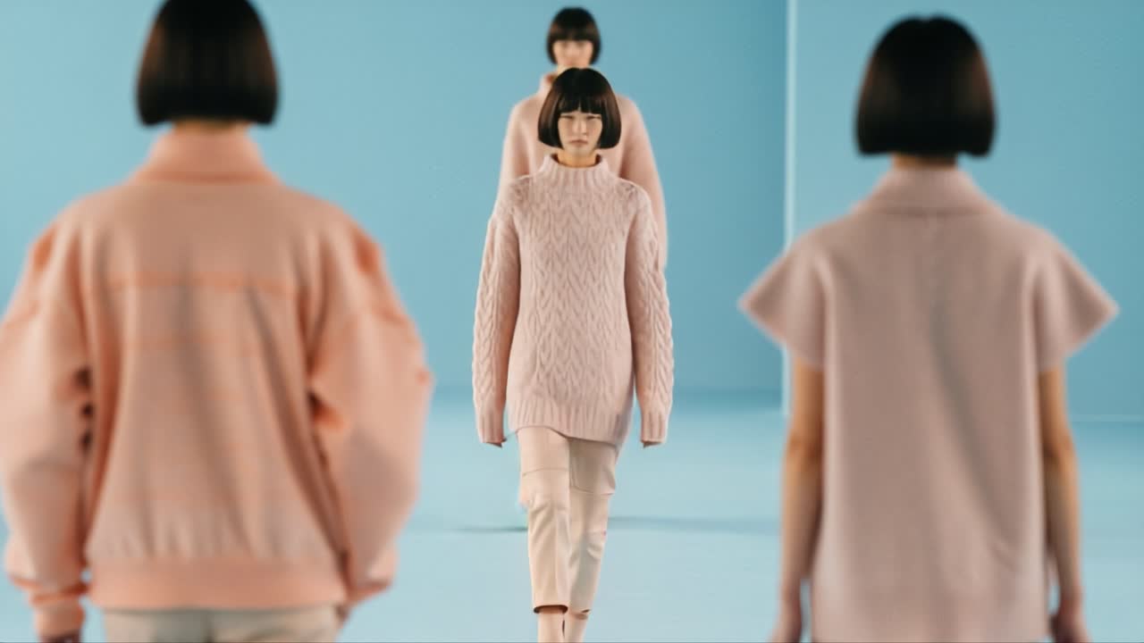 Charming Fashion Showcase: Elegant Models Walk the Runway in Cozy Knitwear Against a Soft Blue Backdrop, Emphasizing Chic Autumn Styles with Delicate Details