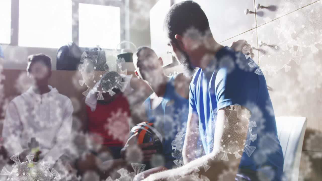 다양한 남성 럭비 선수들이 옷을 갈아입는 방에서 이야기하는 바이러스 세포의 애니메이션