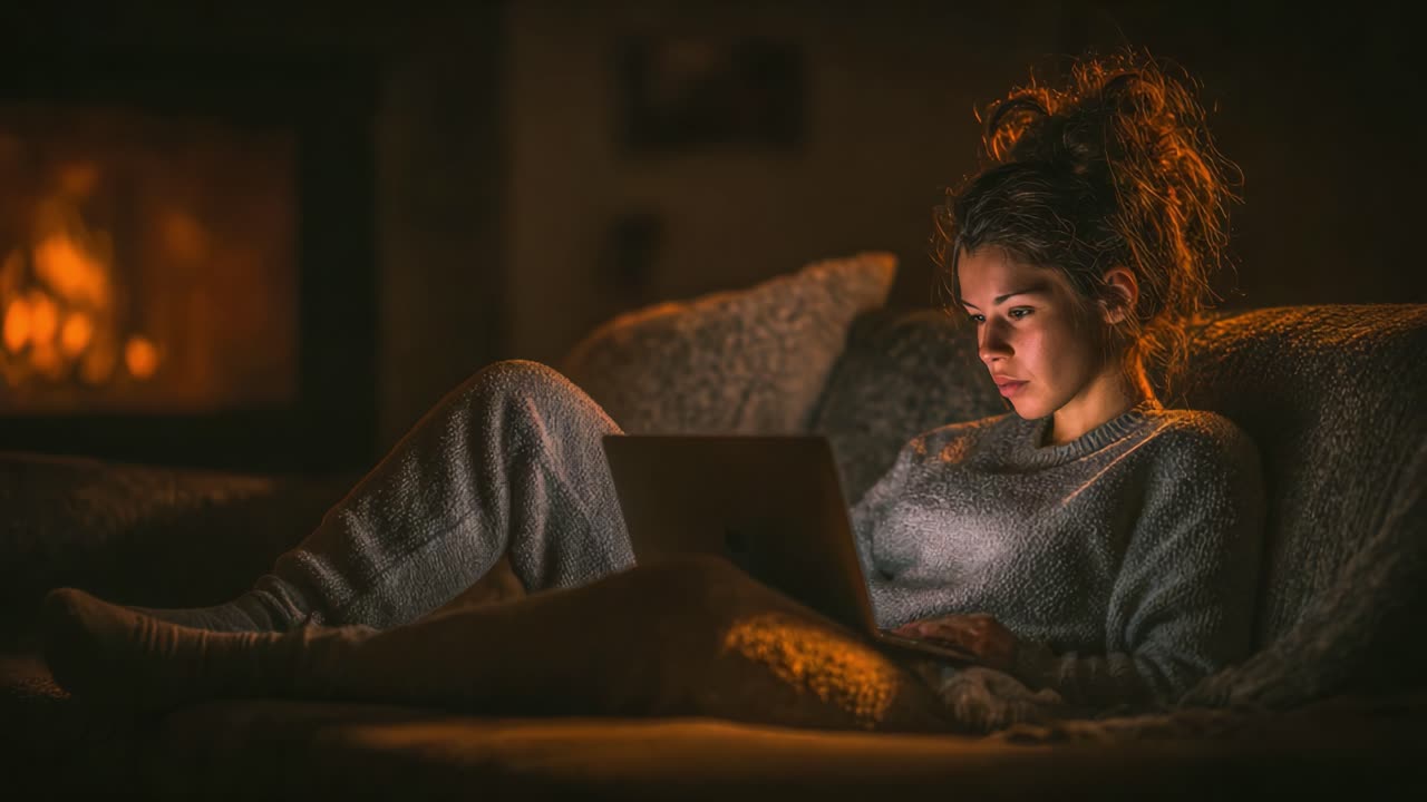 Una giovane donna, immersa nella luce calda e nell'atmosfera soffusa, trascorre una piacevole serata concentrata sul suo portatile, catturando perfettamente l'essenza del comfort e della concentrazione