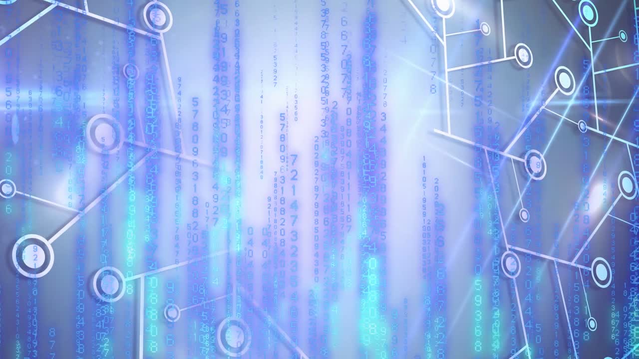 Streaming central vertical data column pulsing over holographic tech background, with glowing nodes