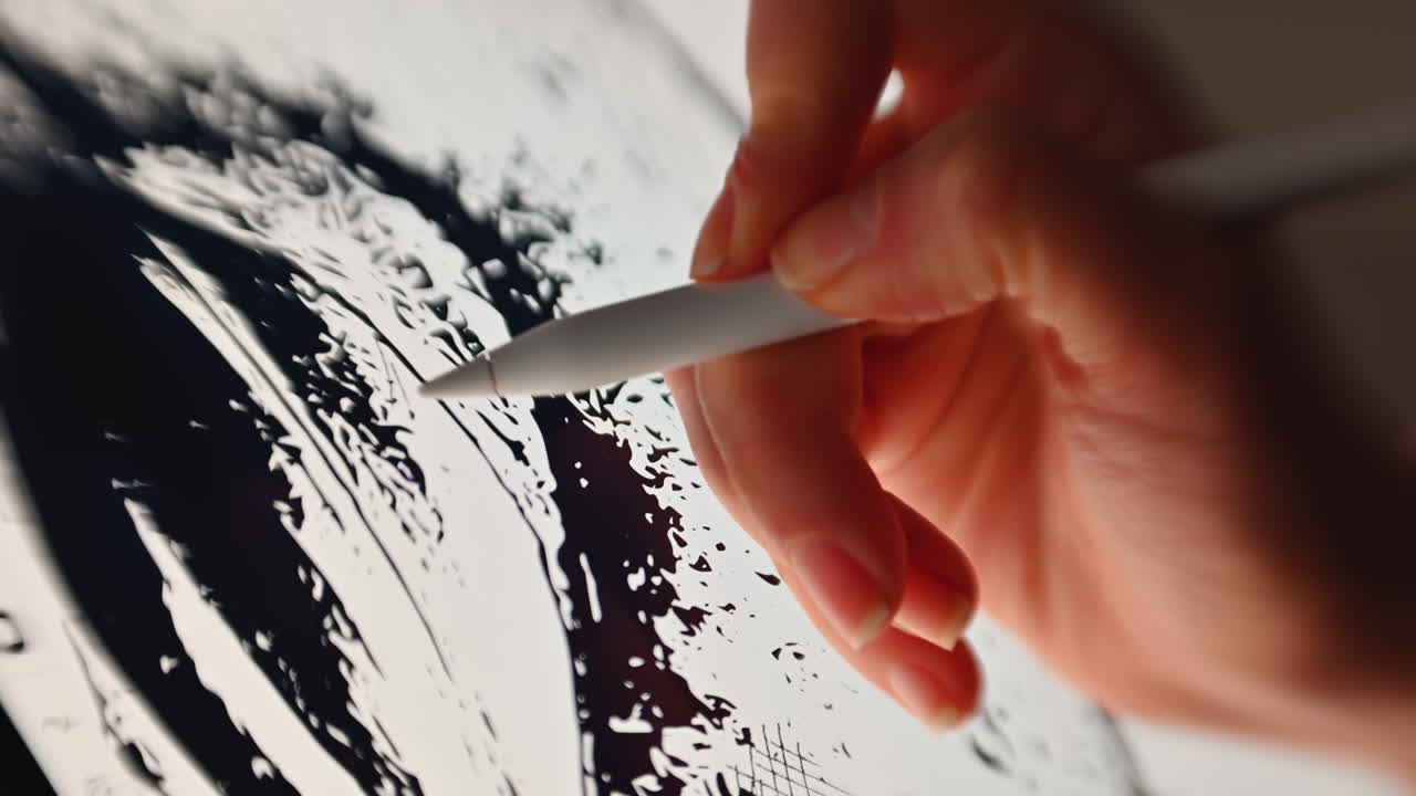 Woman drawing a black and white picture on a tablet with a stylus pen