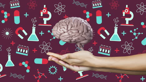 cerebro girando sobre las manos contra los iconos del concepto de la ciencia contra un fondo rojo