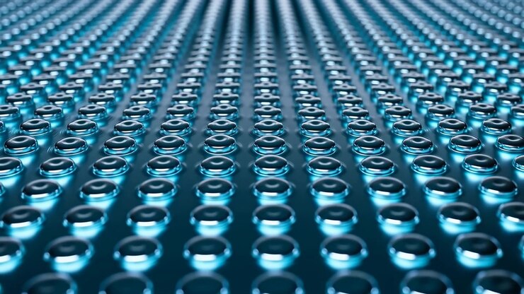 Rounded metallic forms rise within evenly spaced rings as circular openings contract, creating rippled blue surfaces under cool lighting, viewed from low angle with blurred foreground and distance.