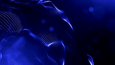 3d render loop animation of glow particles form oscillating lines as swinging garland as holyday background or abstract background of particles with depth of field and bokeh like vj loop. blue 28