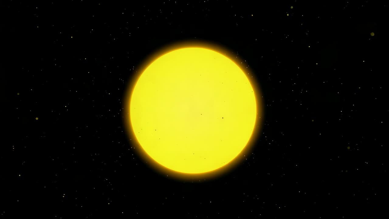 Shining yellow sphere emitting steady light in deep space, with scattered white starfield