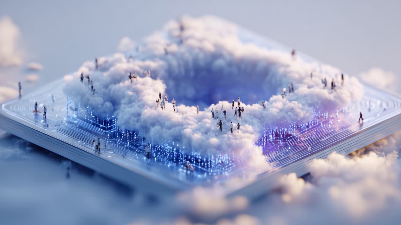 A Surreal Fusion of Technology and Nature: A Digital Cloud Landscape Centered Around a Microchip Surrounded by Mysterious Figures and a Vibrant Atmosphere of Innovation and Creativity