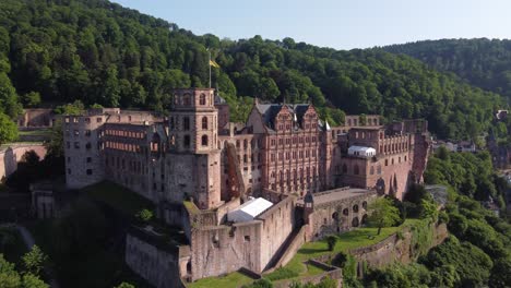 Cinematic-aerial-tracking-shot-of-Heidelberg-Castle-in-Germany-at-sunset