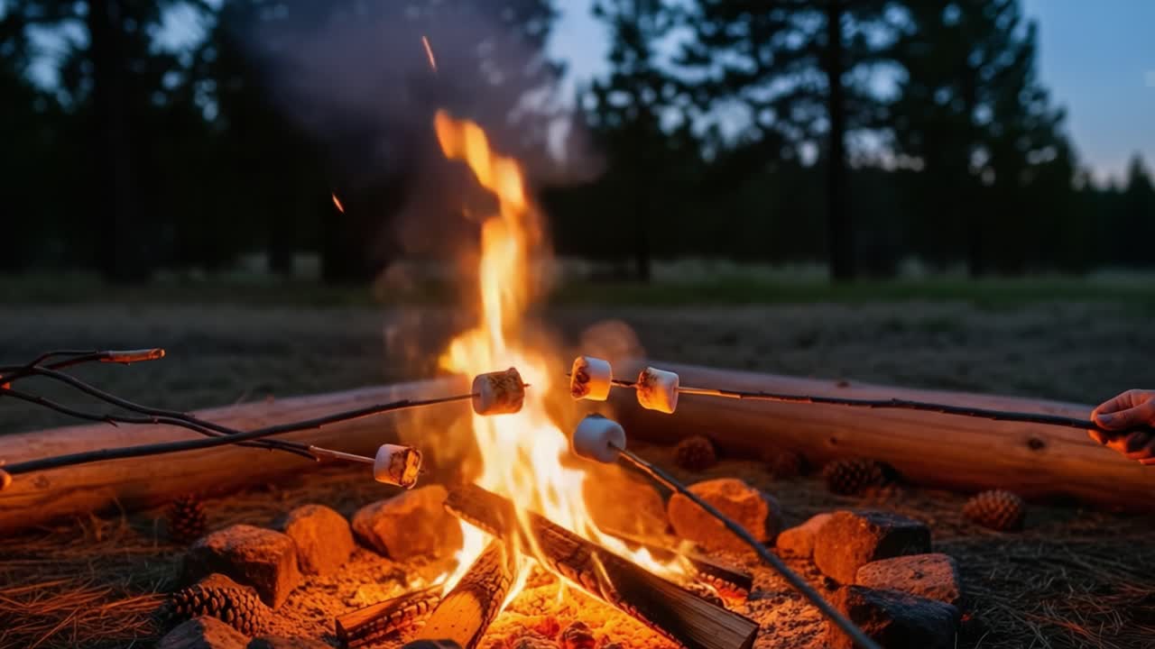 Cozy Campfire Experience: Enjoying Roasting Marshmallows Under the Stars, Surrounded by Nature's Beauty and the Warmth of Flickering Flames on a Perfect Evening