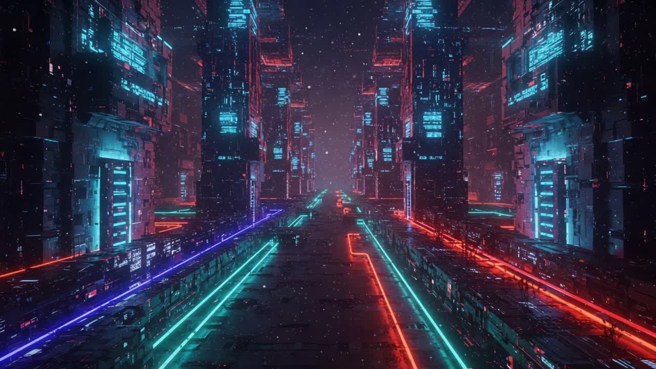 Un paesaggio urbano futuristico al neon: un viaggio emozionante attraverso un corridoio high-tech circondato da strutture imponenti e illuminazione vivace che cattura l'immaginazione