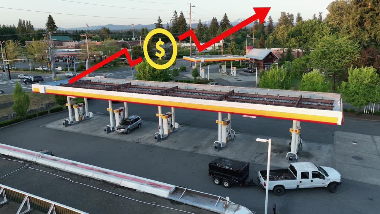 미국 주유소 위에서 가격이 상승하는 애니메이션